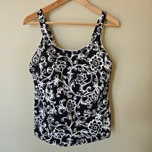 Lands' End Women's Floral Tankini Swim Top Sz 14 Black Tummy Control Adjustable
